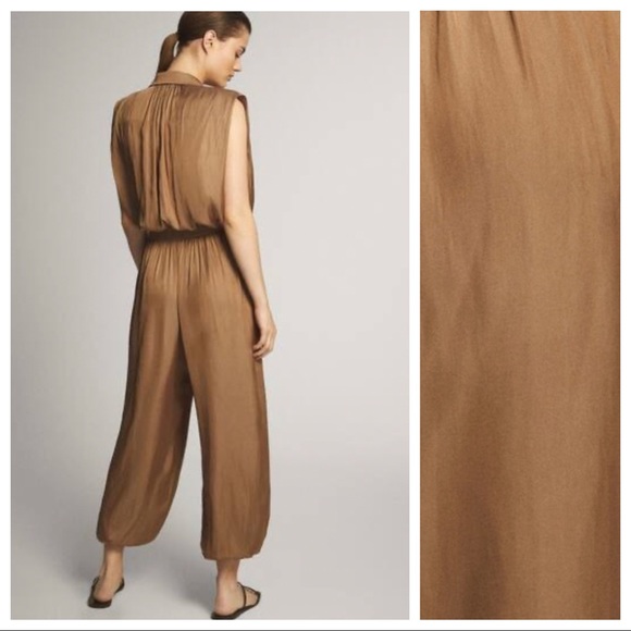 NWT. Massimo Dutti Tan Pleated Jumpsuit. Size 2. - Picture 3 of 11
